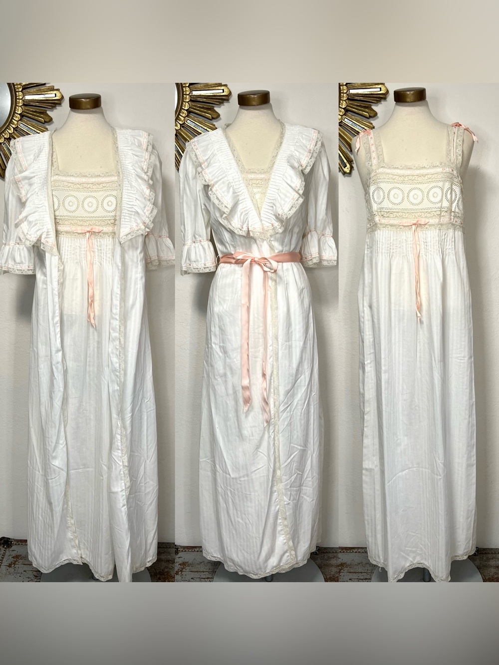 Vintage White Cotton Nightgown and Robe with Pink Ribbon Accents